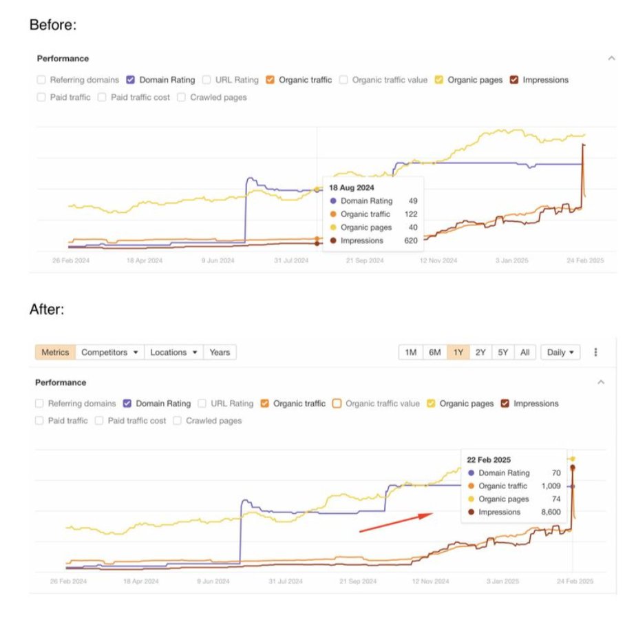 Ahrefs before and after: Domain Rating, organic traffic, organic pages and impressions